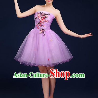 Traditional Chinese Modern Dancing Compere Costume, Women Opening Classic Dance Chorus Singing Group Embroidered Plum Blossom Bubble Uniforms, Modern Dance Classic Dance Big Swing Purple Short Dress for Women