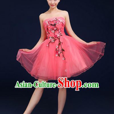 Traditional Chinese Modern Dancing Compere Costume, Women Opening Classic Dance Chorus Singing Group Embroidered Plum Blossom Bubble Uniforms, Modern Dance Classic Dance Big Swing Rose Short Dress for Women