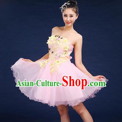 Traditional Chinese Modern Dancing Compere Costume, Women Opening Classic Dance Chorus Singing Group Embroidered Plum Blossom Bubble Uniforms, Modern Dance Classic Dance Big Swing Pink Short Dress for Women