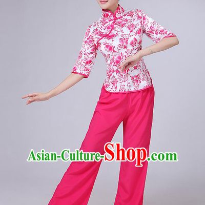 Traditional Chinese Yangge Fan Dancing Costume, Folk Dance Yangko Mandarin Collar Blue and White Porcelain Blouse and Pants Uniforms, Classic Dance Elegant Dress Drum Dance Pink Clothing for Women