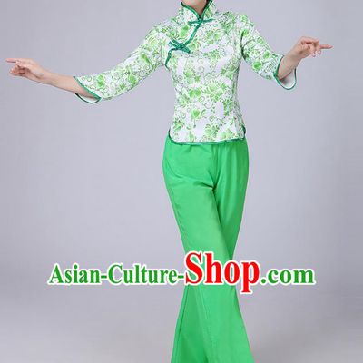 Traditional Chinese Yangge Fan Dancing Costume, Folk Dance Yangko Mandarin Collar Blue and White Porcelain Blouse and Pants Uniforms, Classic Dance Elegant Dress Drum Dance Green Clothing for Women