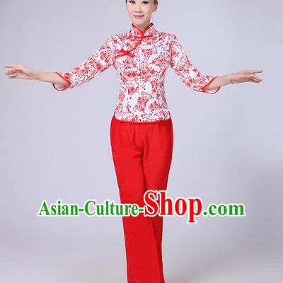 Traditional Chinese Yangge Fan Dancing Costume, Folk Dance Yangko Mandarin Collar Blue and White Porcelain Blouse and Pants Uniforms, Classic Dance Elegant Dress Drum Dance Red Clothing for Women