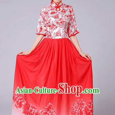 Traditional Chinese Style Modern Dancing Compere Costume, Women Opening Classic Chorus Singing Group Dance Mandarin Collar Peony Uniforms, Modern Dance Classic Dance Red Cheongsam Dress for Women