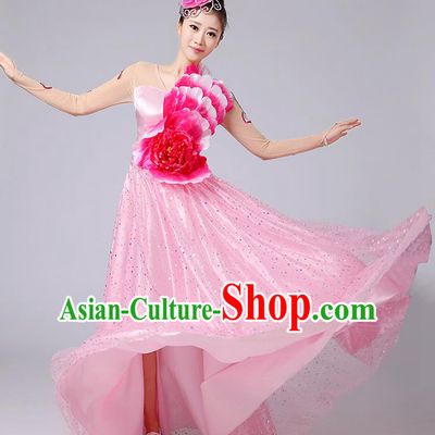 Traditional Chinese Modern Dancing Compere Costume, Women Opening Classic Dance Chorus Singing Group Bubble Peony Uniforms, Modern Dance Classic Dance Big Swing Pink Long Dress for Women
