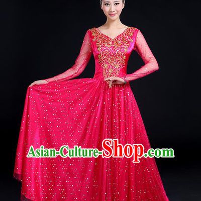 Traditional Chinese Modern Dancing Compere Costume, Women Opening Classic Dance Chorus Singing Group Bubble Gilding Uniforms, Modern Dance Classic Dance Big Swing Pink Long Dress for Women