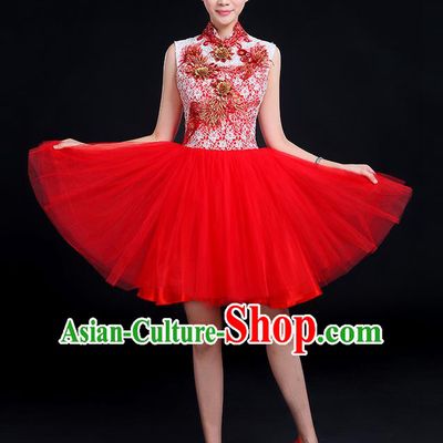 Traditional Chinese Modern Dancing Compere Costume, Women Opening Classic Dance Chorus Singing Group Bubble Gilding Uniforms, Modern Dance Classic Dance Big Swing Red Short Dress for Women