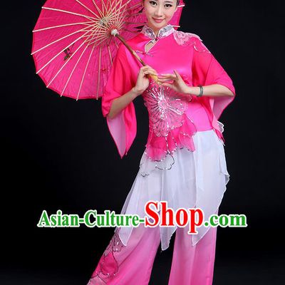 Traditional Chinese Yangge Fan Dancing Costume, Folk Dance Yangko Mandarin Collar Peony Blouse and Pants Uniforms, Classic Dance Elegant Big Swing Dress Drum Dance Pink Clothing for Women