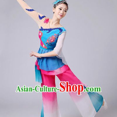 Traditional Chinese Yangge Fan Dancing Costume, Folk Dance Yangko Mandarin Sleeve Blouse and Pants Uniforms, Classic Dance Elegant Dress Drum Dance Blue Clothing for Women