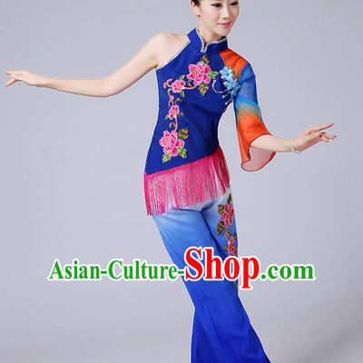 Traditional Chinese Yangge Fan Dancing Costume, Folk Dance Yangko Mandarin Sleeve Blouse and Pants Uniforms, Classic Dance Elegant Dress Drum Dance Blue Clothing for Women