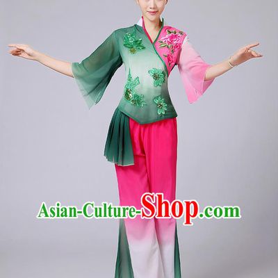 Traditional Chinese Yangge Fan Dancing Costume, Folk Dance Yangko Mandarin Sleeve Blouse and Pants Uniforms, Classic Dance Elegant Dress Drum Dance Pink Clothing for Women