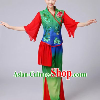 Traditional Chinese Yangge Fan Dancing Costume, Folk Dance Yangko Mandarin Sleeve Blouse and Pants Uniforms, Classic Dance Elegant Dress Drum Dance Red Green Clothing for Women