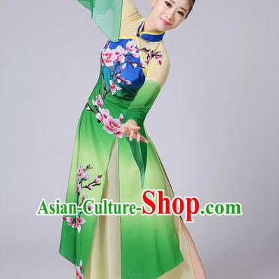 Traditional Chinese Yangge Fan Dancing Costume, Folk Dance Yangko Mandarin Sleeve Embroidered Peach Blossom Uniforms, Classic Dance Elegant Dress Drum Dance Green Clothing for Women