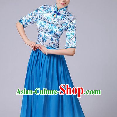 Traditional Chinese Style Modern Dancing Compere Costume, Women Opening Classic Chorus Singing Group Dance Mandarin Collar Peony Uniforms, Modern Dance Classic Dance Blue Cheongsam Dress for Women