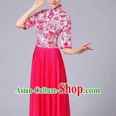 Traditional Chinese Style Modern Dancing Compere Costume, Women Opening Classic Chorus Singing Group Dance Mandarin Collar Peony Uniforms, Modern Dance Classic Dance Pink Cheongsam Dress for Women