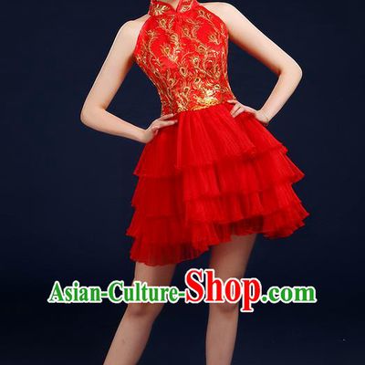 Traditional Chinese Modern Dancing Compere Costume, Women Opening Classic Dance Chorus Singing Group Bubble Uniforms, Modern Dance Classic Dance Big Swing Red Short Dress for Women