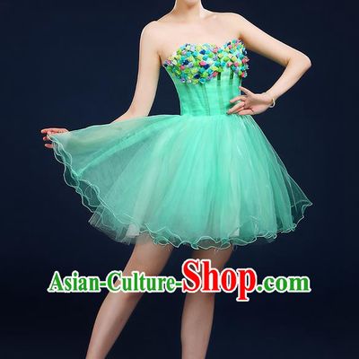 Traditional Chinese Modern Dancing Compere Costume, Women Opening Classic Dance Chorus Singing Group Bubble Tee Dress Uniforms, Modern Dance Classic Dance Big Swing Green Short Dress for Women