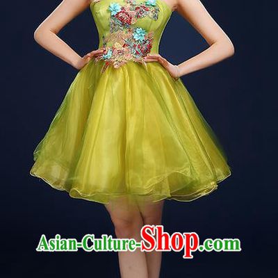 Traditional Chinese Modern Dancing Compere Costume, Women Opening Classic Dance Chorus Singing Group Bubble Tee Dress Uniforms, Modern Dance Classic Dance Big Swing Yellow Short Dress for Women