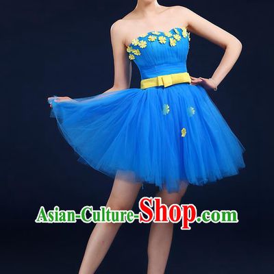 Traditional Chinese Modern Dancing Compere Costume, Women Opening Classic Dance Chorus Singing Group Bubble Tee Dress Uniforms, Modern Dance Classic Dance Big Swing Blue Short Dress for Women