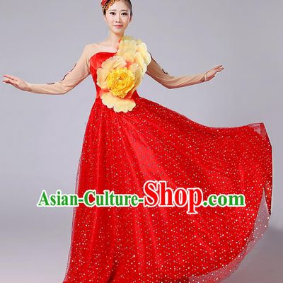 Traditional Chinese Modern Dancing Compere Costume, Women Opening Classic Dance Chorus Singing Group Bubble Peony Uniforms, Modern Dance Classic Dance Big Swing Red Long Dress for Women
