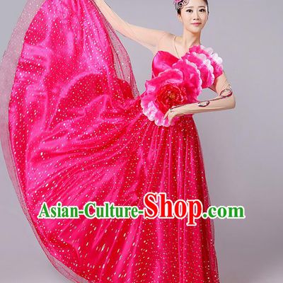 Traditional Chinese Modern Dancing Compere Costume, Women Opening Classic Dance Chorus Singing Group Bubble Peony Uniforms, Modern Dance Classic Dance Big Swing Rose Long Dress for Women