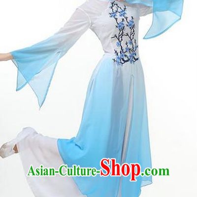 Traditional Chinese Yangge Fan Dancing Costume, Folk Dance Yangko Mandarin Sleeve Painting Plum Blossom Uniforms, Classic Dance Elegant Big Swing Dress Drum Dance Blue Clothing for Women