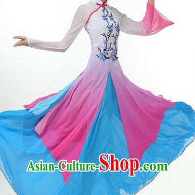 Traditional Chinese Yangge Fan Dancing Costume, Folk Dance Yangko Mandarin Sleeve Painting Plum Blossom Uniforms, Classic Dance Elegant Big Swing Dress Drum Dance Blue Clothing for Women