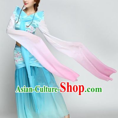 Traditional Chinese Ancient Yangge Fan Dancing Costume, Folk Dance Long Water Sleeve Uniforms, Classic Flying Dance Elegant Fairy Dress Drum Palace Lady Dance Blue Clothing for Women