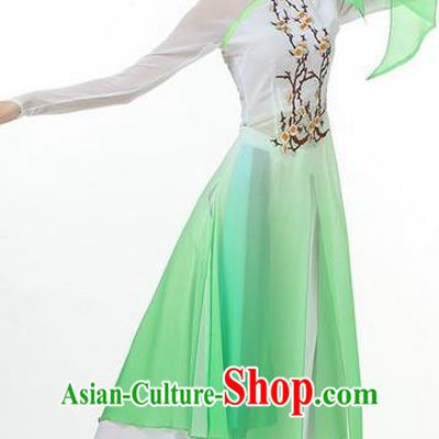 Traditional Chinese Yangge Fan Dancing Costume, Folk Dance Yangko Mandarin Sleeve Painting Plum Blossom Uniforms, Classic Dance Elegant Big Swing Dress Drum Dance Green Clothing for Women