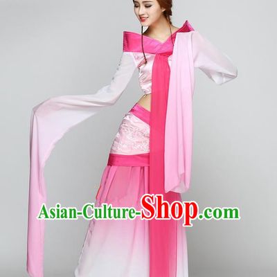 Traditional Chinese Ancient Yangge Fan Dancing Costume, Folk Dance Long Water Sleeve Uniforms, Classic Flying Dance Elegant Fairy Dress Drum Palace Lady Dance Pink Clothing for Women