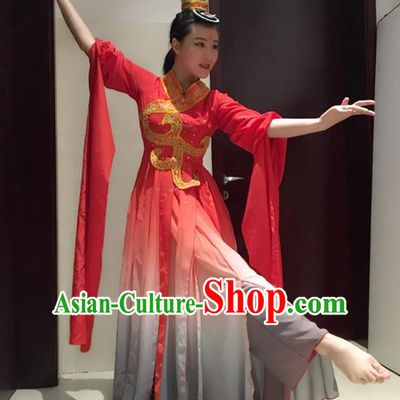 Traditional Chinese Ancient Yangge Fan Dancing Costume, Folk Dance Long Water Sleeve Uniforms, Tang Dynasty Classic Flying Dance Elegant Fairy Dress Drum Palace Lady Dance Clothing for Women
