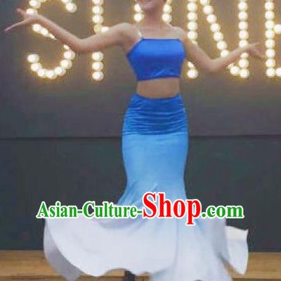 Traditional Chinese Dai Nationality Peacock Dancing Costume, Folk Dance Ethnic Fishtail Dress, Chinese Minority Nationality Dancing Blue Clothing for Women