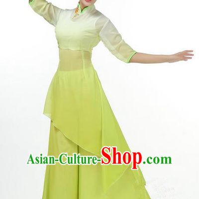 Traditional Chinese Yangge Fan Dancing Costume, Folk Dance Yangko Mandarin Collar Green Uniforms, Classic Umbrella Dance Elegant Big Swing Dress Drum Dance Clothing for Women