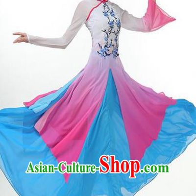 Traditional Chinese Yangge Fan Dancing Costume, Folk Dance Yangko Mandarin Collar Plum Blossom Painting Uniforms, Classic Dance Elegant Big Swing Dress Drum Dance Pink Clothing for Women