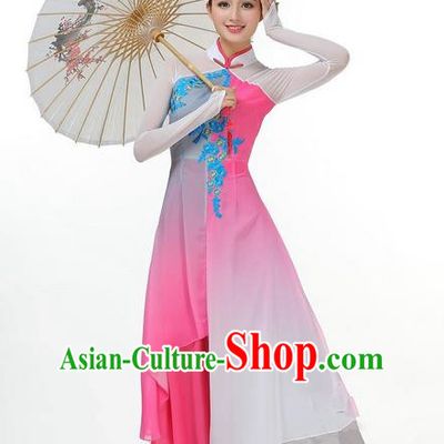 Traditional Chinese Yangge Fan Dancing Costume, Folk Dance Yangko Mandarin Collar Plum Blossom Painting Uniforms, Classic Dance Elegant Big Swing Dress Drum Dance Pink Clothing for Women