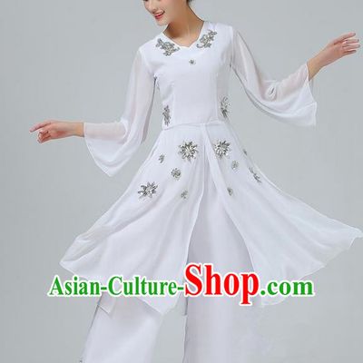 Traditional Chinese Yangge Fan Dancing Costume, Folk Dance Yangko Mandarin Sleeve Uniforms, Classic Umbrella Dance Elegant Big Swing Dress Drum Dance White Clothing for Women