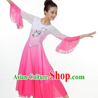 Traditional Chinese Yangge Fan Dancing Costume, Folk Dance Yangko Mandarin Sleeve Uniforms, Classic Umbrella Dance Elegant Big Swing Dress Drum Dance Pink Clothing for Women