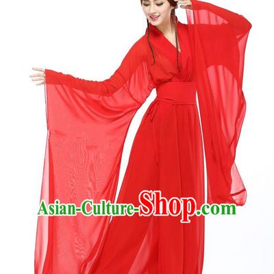 Traditional Chinese Ancient Yangge Fan Dancing Costume, Folk Dance Long Wide Sleeve Uniforms, Classic Flying Dance Elegant Fairy Dress Drum Palace Lady Dance Red Clothing for Women
