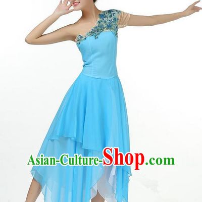 Traditional Modern Dancing Compere Costume, Women Opening Classic Chorus Singing Group Dance Dress, Modern Dance Classic Ballet Dance Blue Paillette Dress for Women