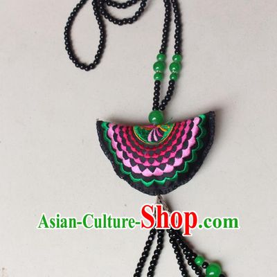 Traditional Chinese Miao Nationality Crafts Jewelry Accessory, Hmong Handmade Green Beads Tassel Double Side Embroidery Fan Pendant, Miao Ethnic Minority Necklace Accessories Sweater Chain Pendant for Women