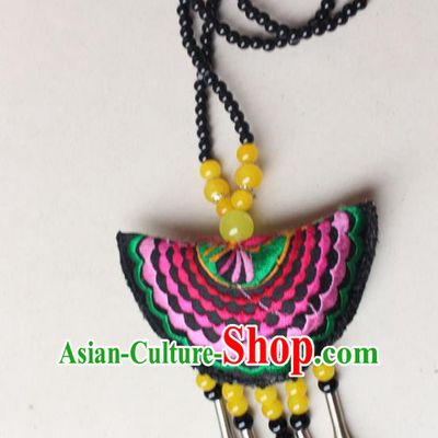 Traditional Chinese Miao Nationality Crafts Jewelry Accessory, Hmong Handmade Yellow Beads Tassel Double Side Embroidery Fan Pendant, Miao Ethnic Minority Necklace Accessories Sweater Chain Pendant for Women