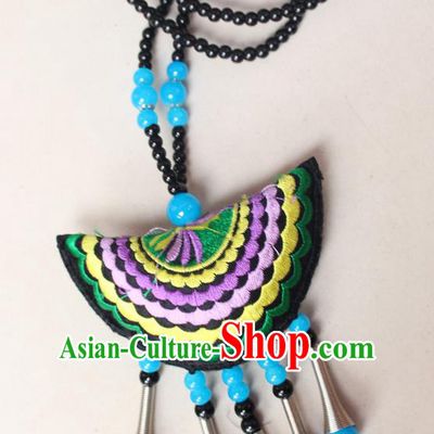 Traditional Chinese Miao Nationality Crafts Jewelry Accessory, Hmong Handmade Blue Beads Tassel Double Side Embroidery Fan Pendant, Miao Ethnic Minority Necklace Accessories Sweater Chain Pendant for Women