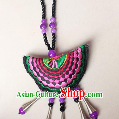 Traditional Chinese Miao Nationality Crafts Jewelry Accessory, Hmong Handmade Red Beads Tassel Double Side Embroidery Fan Pendant, Miao Ethnic Minority Necklace Accessories Sweater Chain Pendant for Women