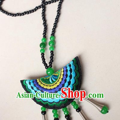 Traditional Chinese Miao Nationality Crafts Jewelry Accessory, Hmong Handmade Green Beads Tassel Double Side Embroidery Fan Pendant, Miao Ethnic Minority Necklace Accessories Sweater Chain Pendant for Women