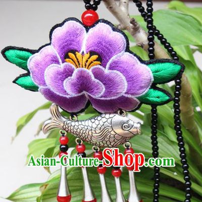 Traditional Chinese Miao Nationality Crafts Jewelry Accessory, Hmong Handmade Miao Silver Fish Beads Tassel Embroidery Flowers Pendant, Miao Ethnic Minority Necklace Accessories Sweater Chain Pendant for Women