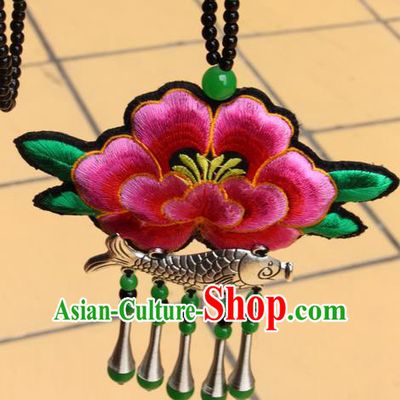 Traditional Chinese Miao Nationality Crafts Jewelry Accessory, Hmong Handmade Miao Silver Fish Beads Tassel Embroidery Flowers Pendant, Miao Ethnic Minority Necklace Accessories Sweater Chain Pendant for Women