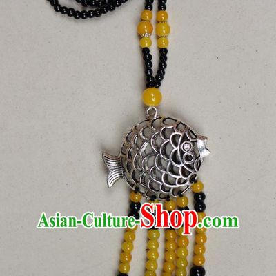 Traditional Chinese Miao Nationality Crafts Jewelry Accessory, Hmong Handmade Miao Silver Fish Beads Tassel Pendant, Miao Ethnic Minority Necklace Accessories Sweater Chain Pendant for Women