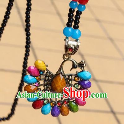Traditional Chinese Miao Nationality Crafts Jewelry Accessory, Hmong Handmade Palace Peacock Beads Pendant, Miao Ethnic Minority Necklace Accessories Sweater Chain Pendant for Women