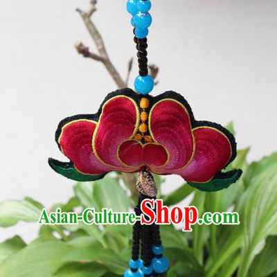 Traditional Chinese Miao Nationality Crafts Jewelry Accessory, Hmong Handmade Miao Silver Black Beads Tassel Double Side Embroidery Lotus Pendant, Miao Ethnic Minority Necklace Accessories Sweater Chain Pendant for Women