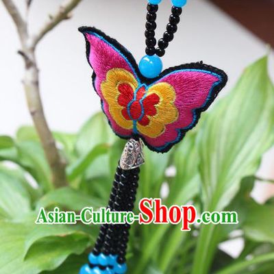 Traditional Chinese Miao Nationality Crafts Jewelry Accessory, Hmong Handmade Black Beads Tassel Double Side Embroidery Butterfly Pendant, Miao Ethnic Minority Necklace Accessories Sweater Chain Pendant for Women