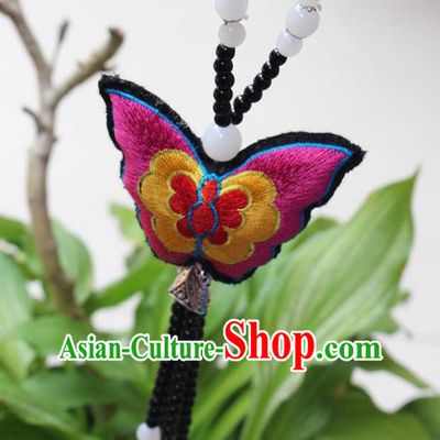 Traditional Chinese Miao Nationality Crafts Jewelry Accessory, Hmong Handmade Black Beads Tassel Double Side Embroidery Butterfly Pendant, Miao Ethnic Minority Necklace Accessories Sweater Chain Pendant for Women